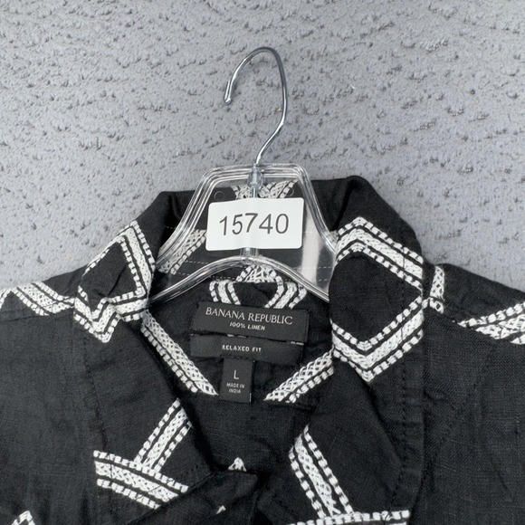 Banana Republic Shirt Mens Large Black Geometric Linen Relaxed Camp Aloha - Picture 3 of 7